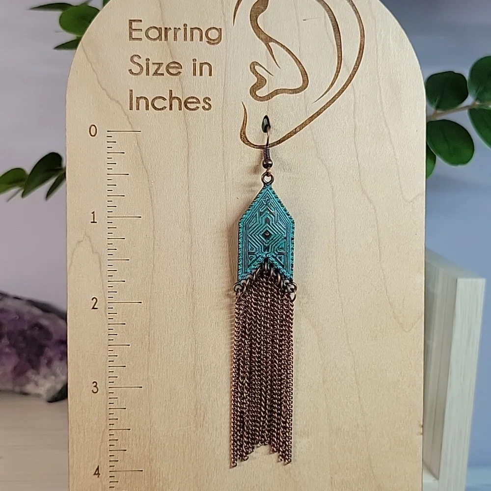 🔥LAST PAIR🔥 Bohemian Verdigris Chain Tassel Drop Earrings - Picture 6 of 8